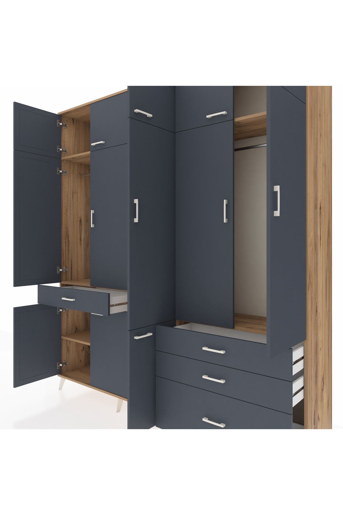 Hyperion Dolap 8 Raflı 4 Çekmeceli 3 Askılı 220x44x243 Çam-Antrasit/Antrasit