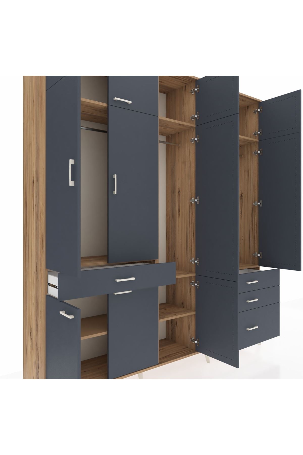 Hyperion Dolap 8 Raflı 4 Çekmeceli 3 Askılı 220x44x243 Çam-Antrasit/Antrasit