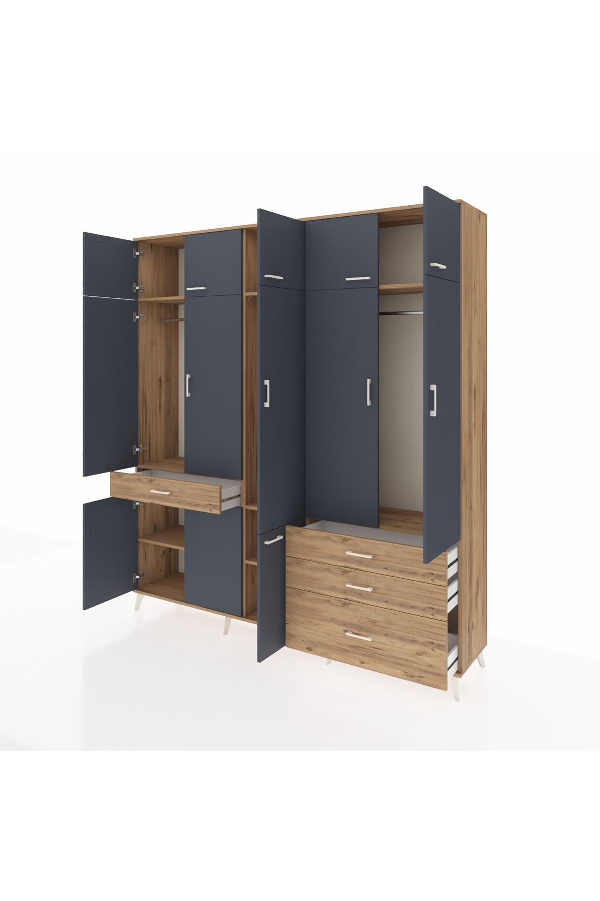 Hyperion Dolap 8 Raflı 4 Çekmeceli 3 Askılı 220x44x243 Çam-Antrasit/Çam