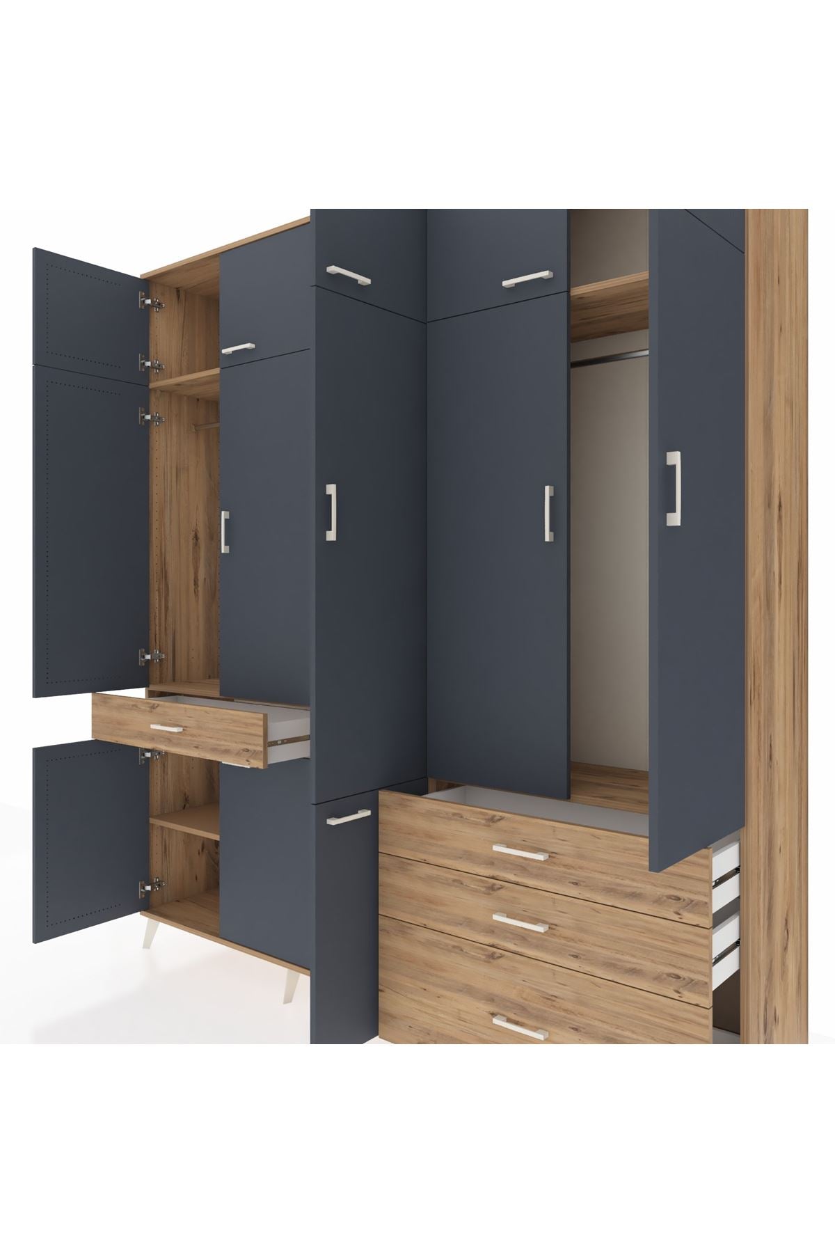 Hyperion Dolap 8 Raflı 4 Çekmeceli 3 Askılı 220x44x243 Çam-Antrasit/Çam