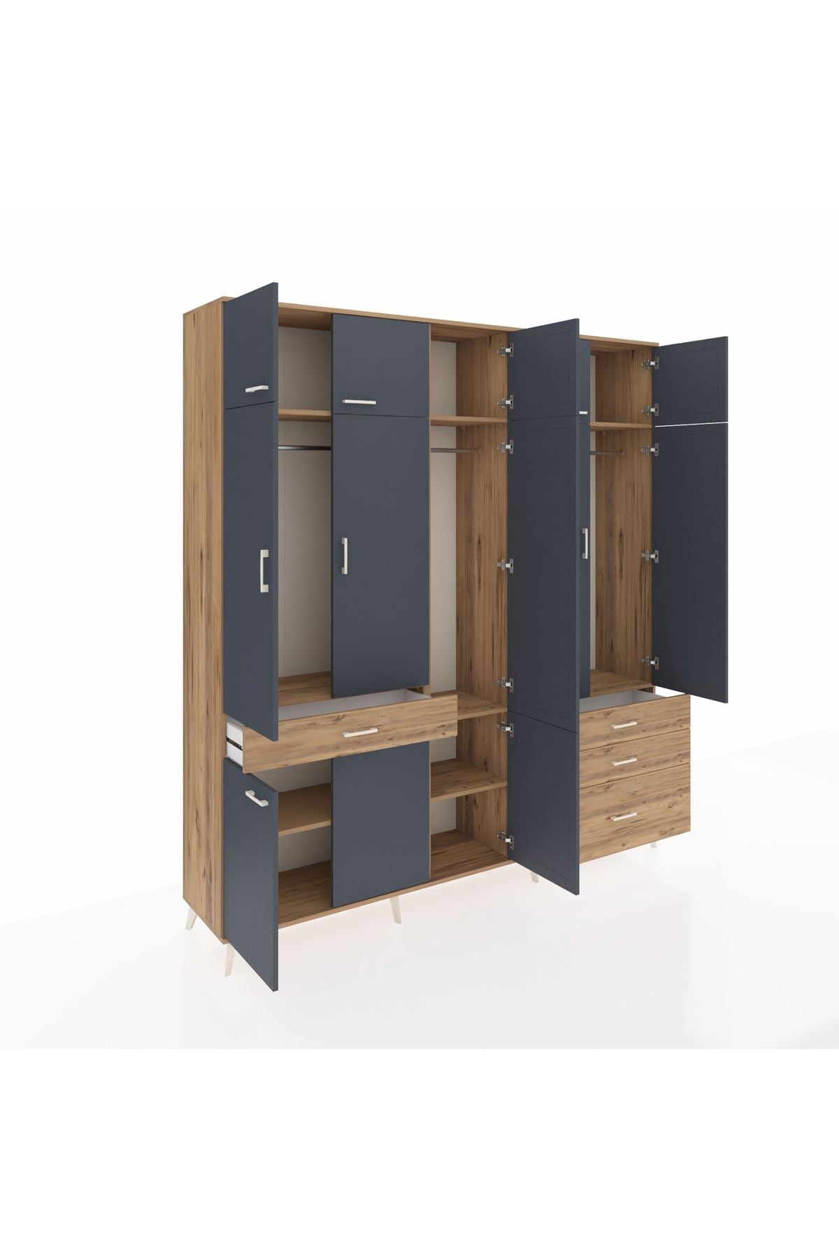 Hyperion Dolap 8 Raflı 4 Çekmeceli 3 Askılı 220x44x243 Çam-Antrasit/Çam