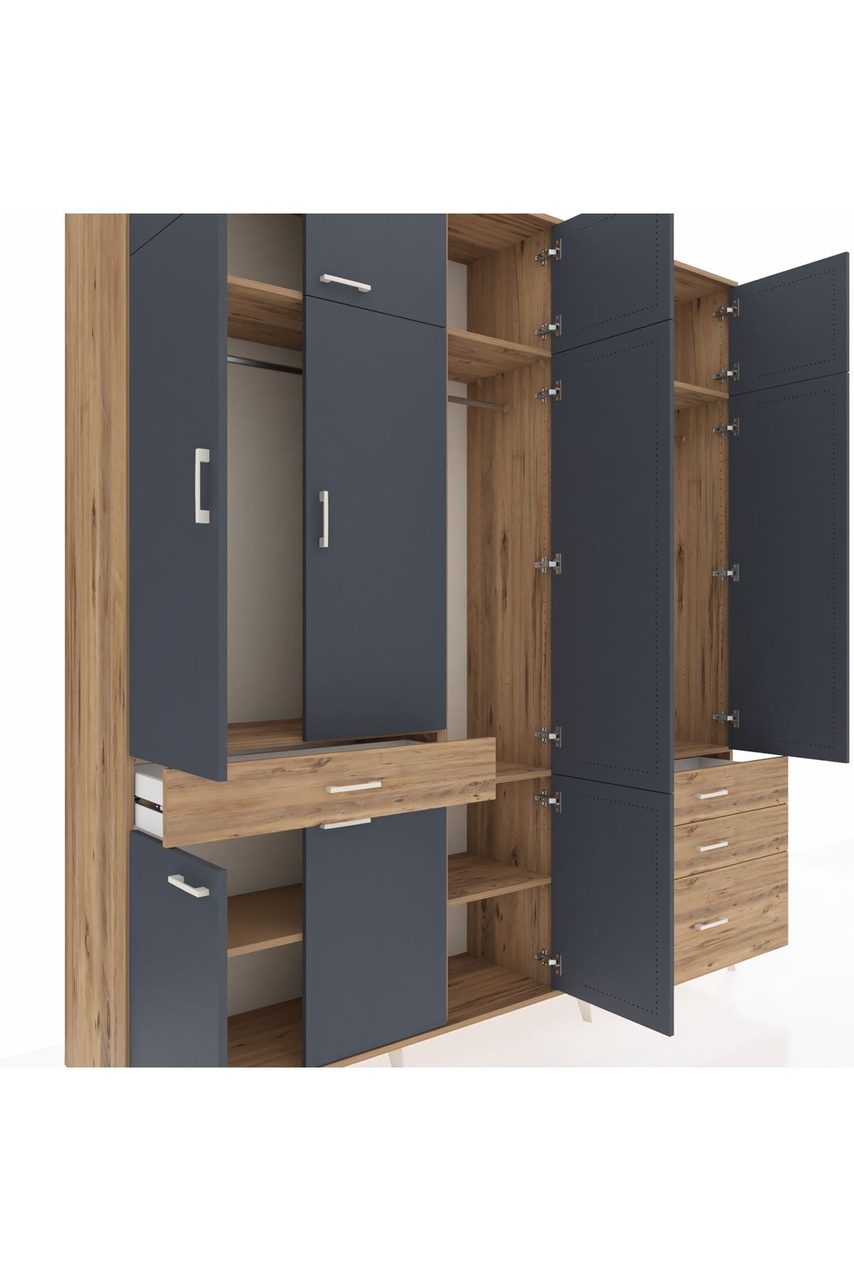 Hyperion Dolap 8 Raflı 4 Çekmeceli 3 Askılı 220x44x243 Çam-Antrasit/Çam