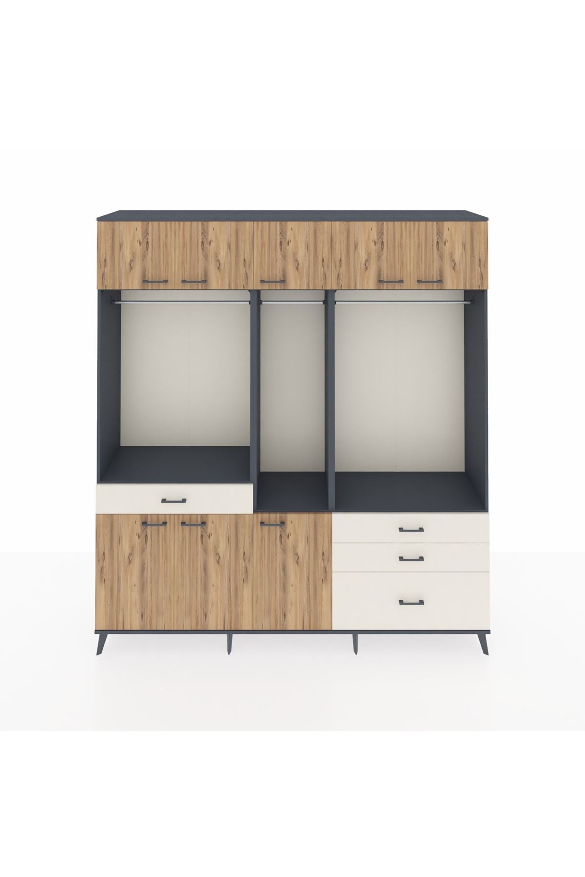 Hyperion Dolap 8 Raflı 4 Çekmeceli 3 Askılı 220x44x243 Antrasit-Çam/Aytaşı