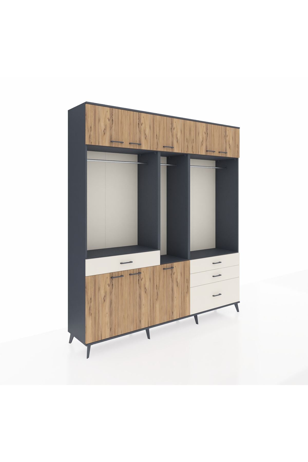 Hyperion Dolap 8 Raflı 4 Çekmeceli 3 Askılı 220x44x243 Antrasit-Çam/Aytaşı