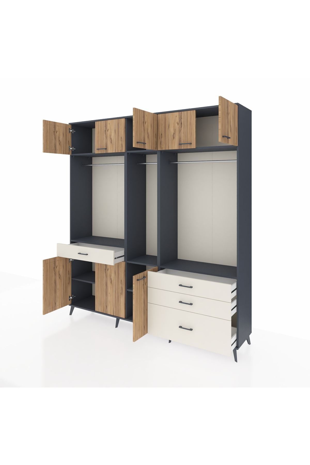 Hyperion Dolap 8 Raflı 4 Çekmeceli 3 Askılı 220x44x243 Antrasit-Çam/Aytaşı