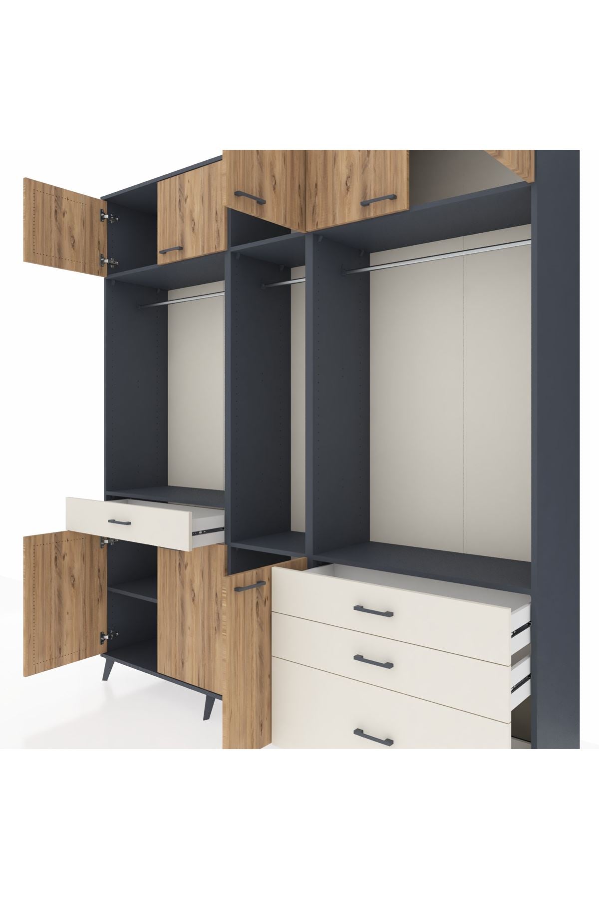 Hyperion Dolap 8 Raflı 4 Çekmeceli 3 Askılı 220x44x243 Antrasit-Çam/Aytaşı
