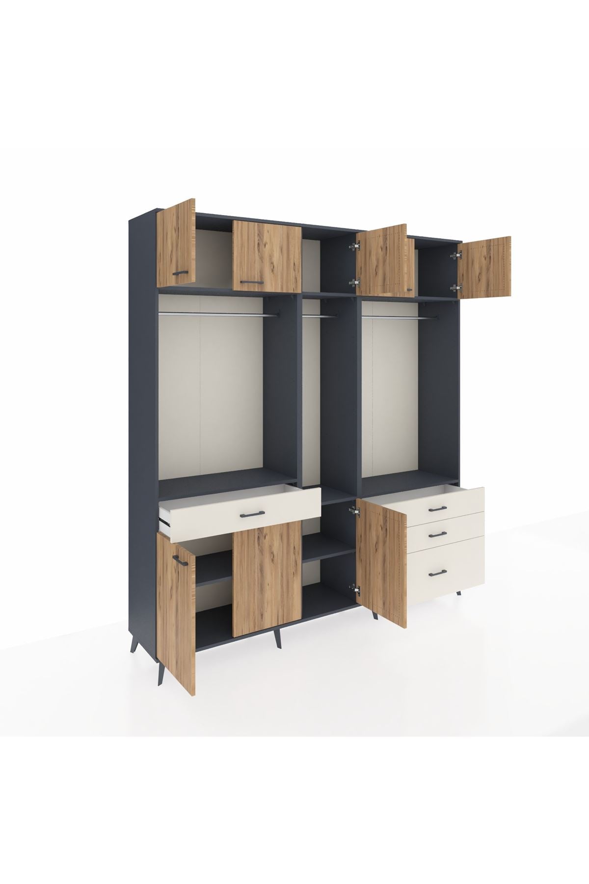 Hyperion Dolap 8 Raflı 4 Çekmeceli 3 Askılı 220x44x243 Antrasit-Çam/Aytaşı