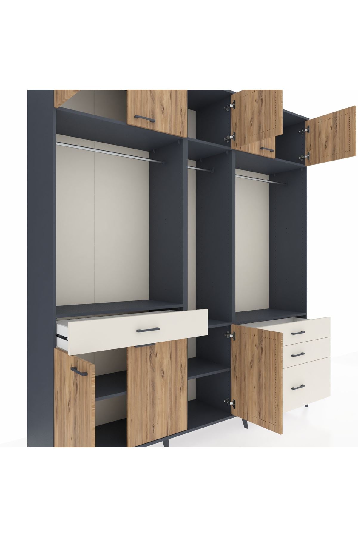 Hyperion Dolap 8 Raflı 4 Çekmeceli 3 Askılı 220x44x243 Antrasit-Çam/Aytaşı