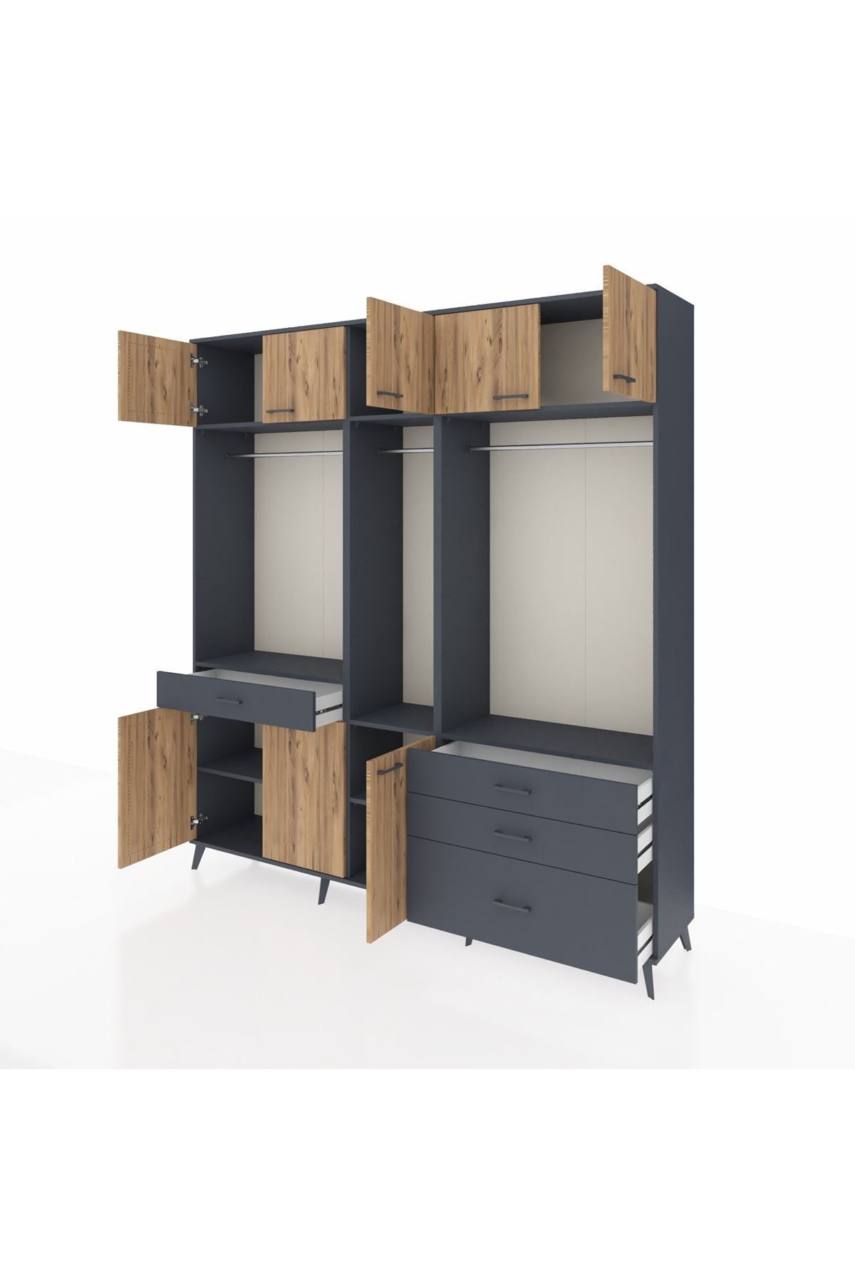 Hyperion Dolap 8 Raflı 4 Çekmeceli 3 Askılı 220x44x243 Antrasit-Çam/Antrasit