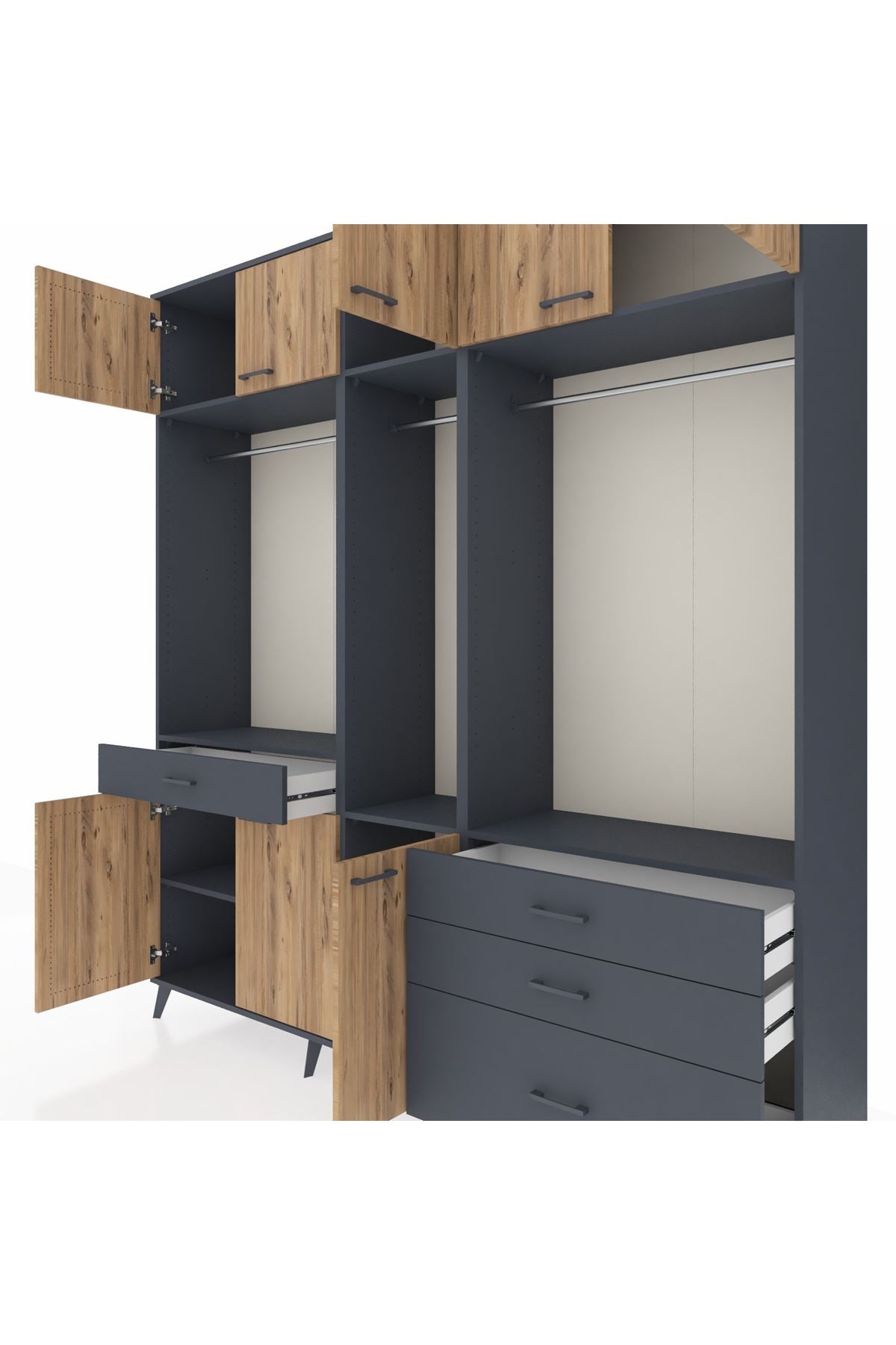 Hyperion Dolap 8 Raflı 4 Çekmeceli 3 Askılı 220x44x243 Antrasit-Çam/Antrasit