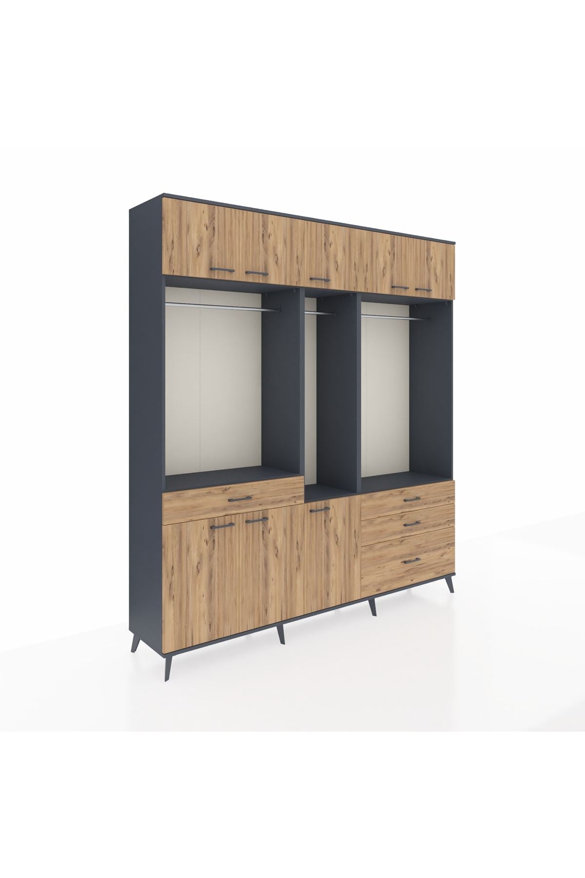 Hyperion Dolap 8 Raflı 4 Çekmeceli 3 Askılı 220x44x243 Antrasit-Çam/Çam