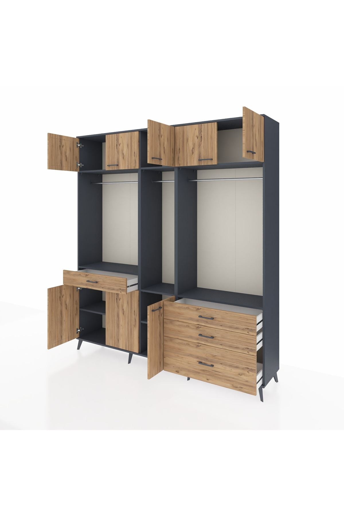 Hyperion Dolap 8 Raflı 4 Çekmeceli 3 Askılı 220x44x243 Antrasit-Çam/Çam