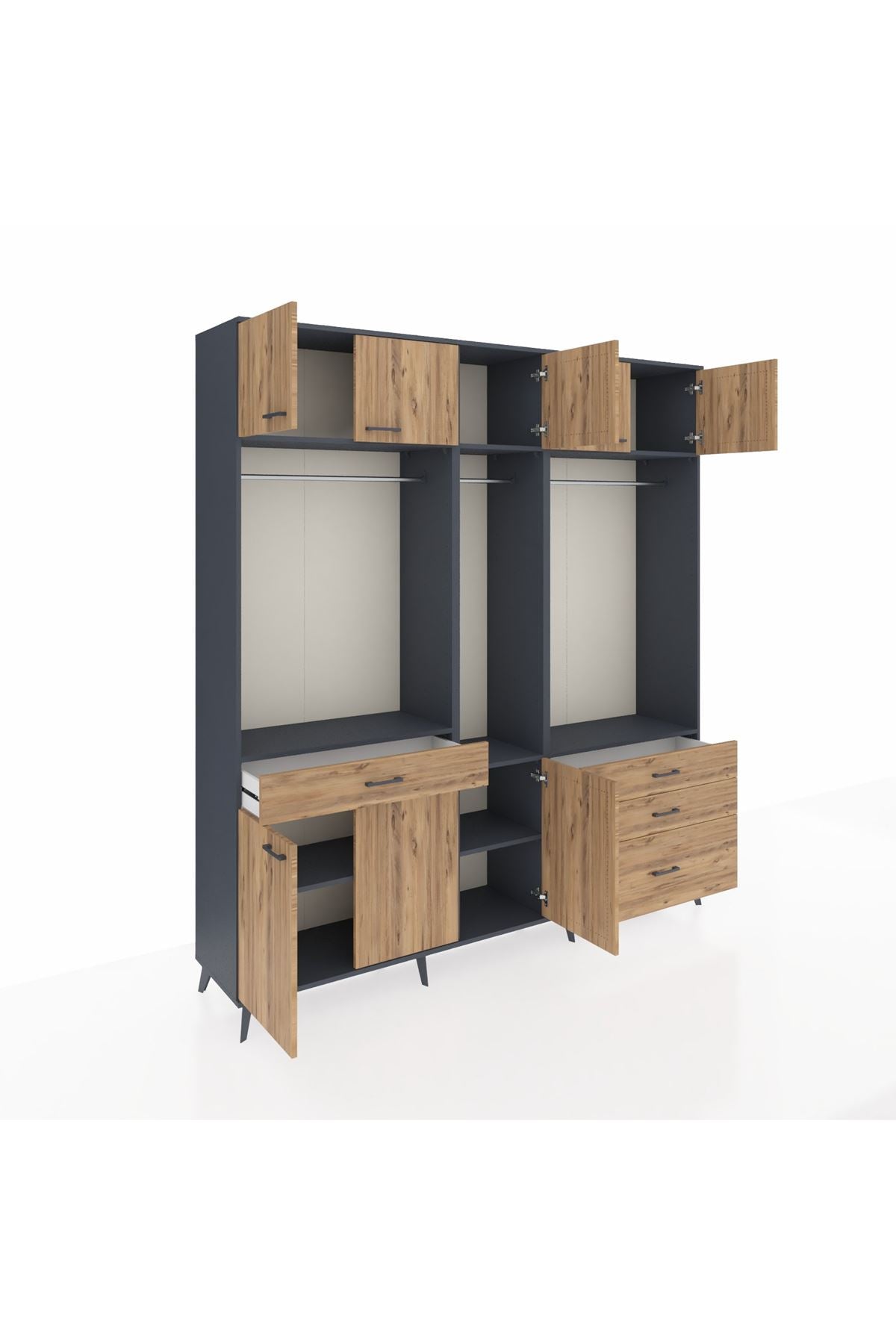 Hyperion Dolap 8 Raflı 4 Çekmeceli 3 Askılı 220x44x243 Antrasit-Çam/Çam