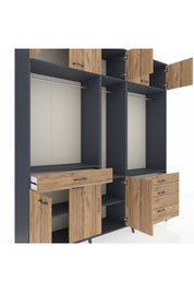 Hyperion Dolap 8 Raflı 4 Çekmeceli 3 Askılı 220x44x243 Antrasit-Çam/Çam