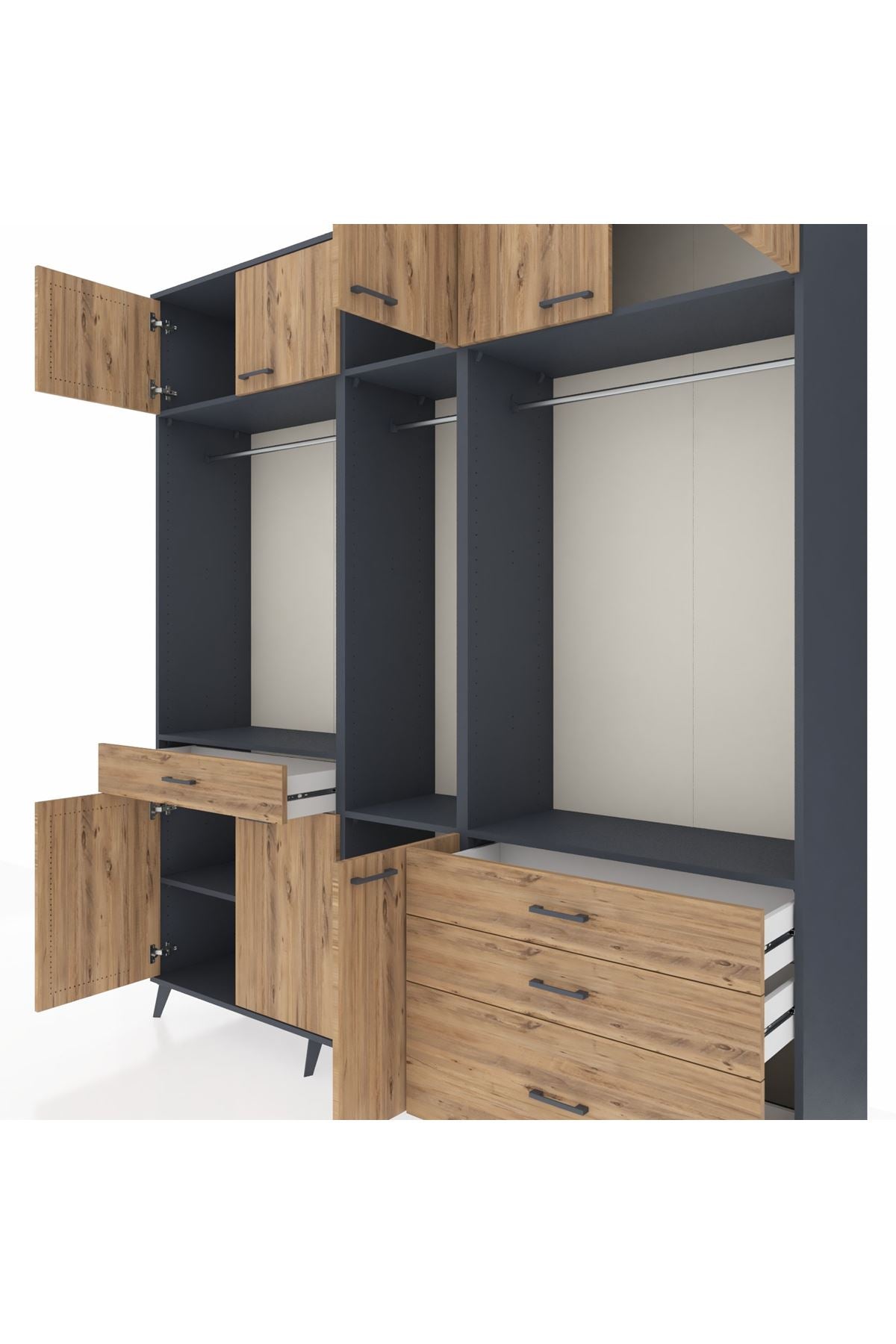 Hyperion Dolap 8 Raflı 4 Çekmeceli 3 Askılı 220x44x243 Antrasit-Çam/Çam