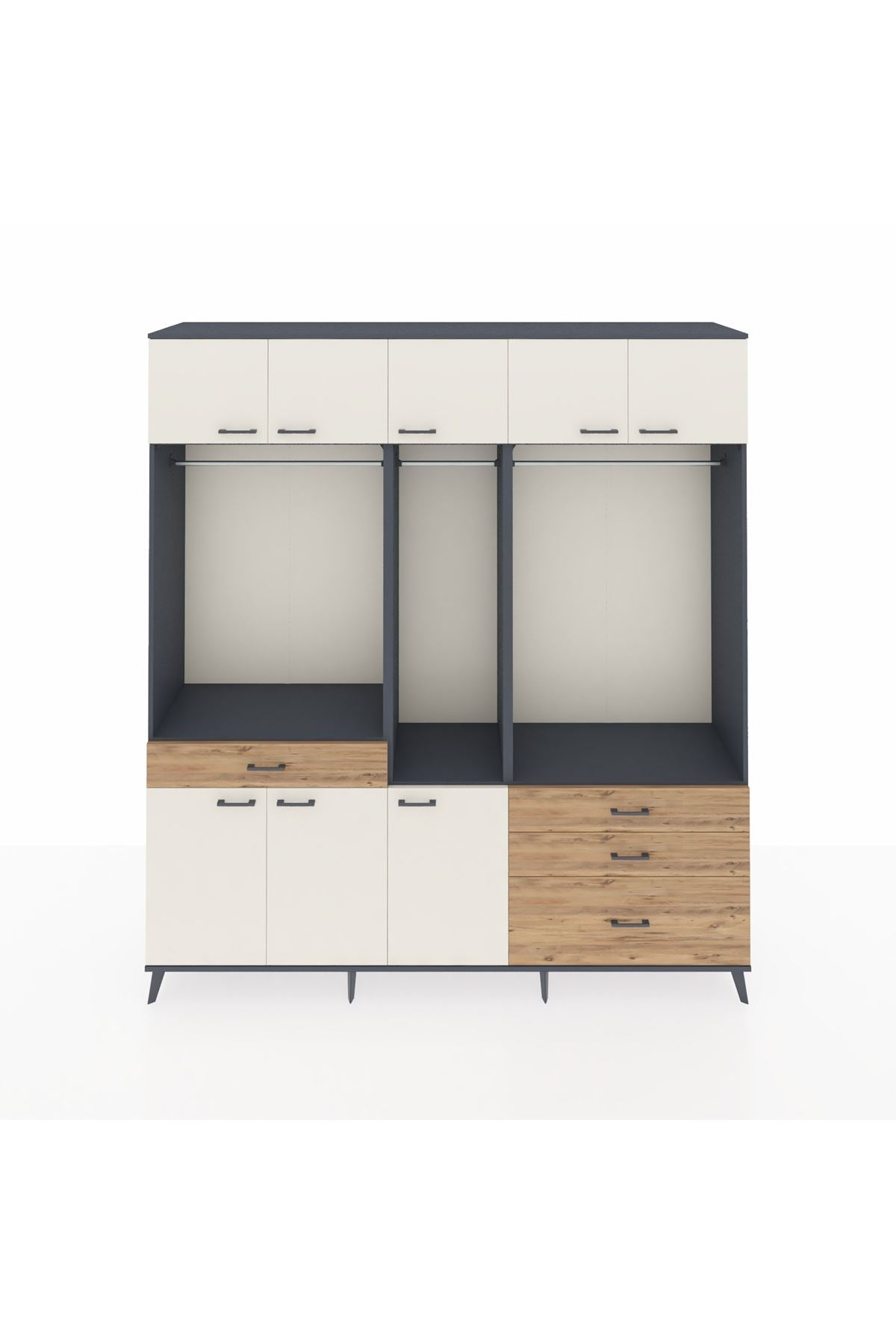 Hyperion Dolap 8 Raflı 4 Çekmeceli 3 Askılı 220x44x243 Antrasit-Aytaşı/Çam