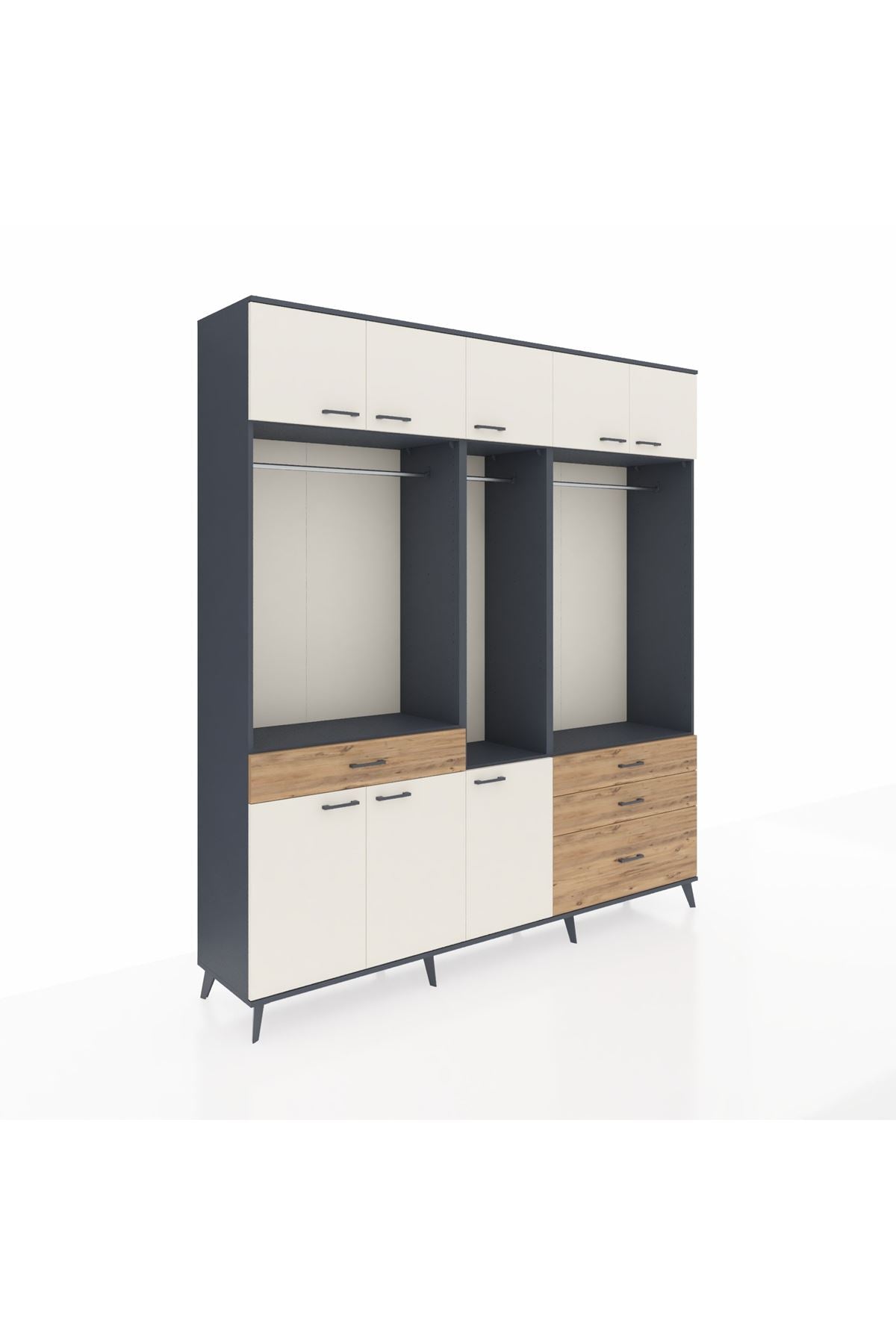 Hyperion Dolap 8 Raflı 4 Çekmeceli 3 Askılı 220x44x243 Antrasit-Aytaşı/Çam