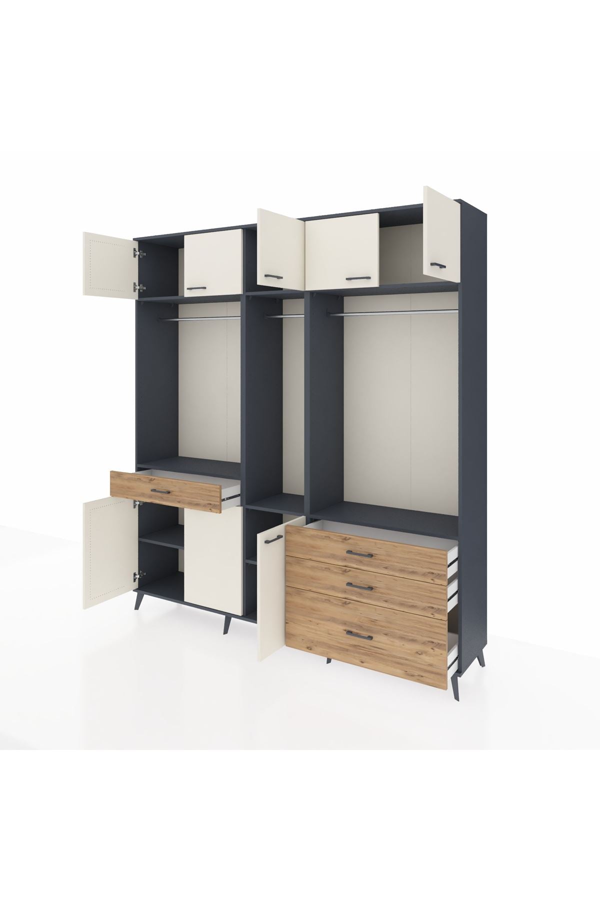 Hyperion Dolap 8 Raflı 4 Çekmeceli 3 Askılı 220x44x243 Antrasit-Aytaşı/Çam