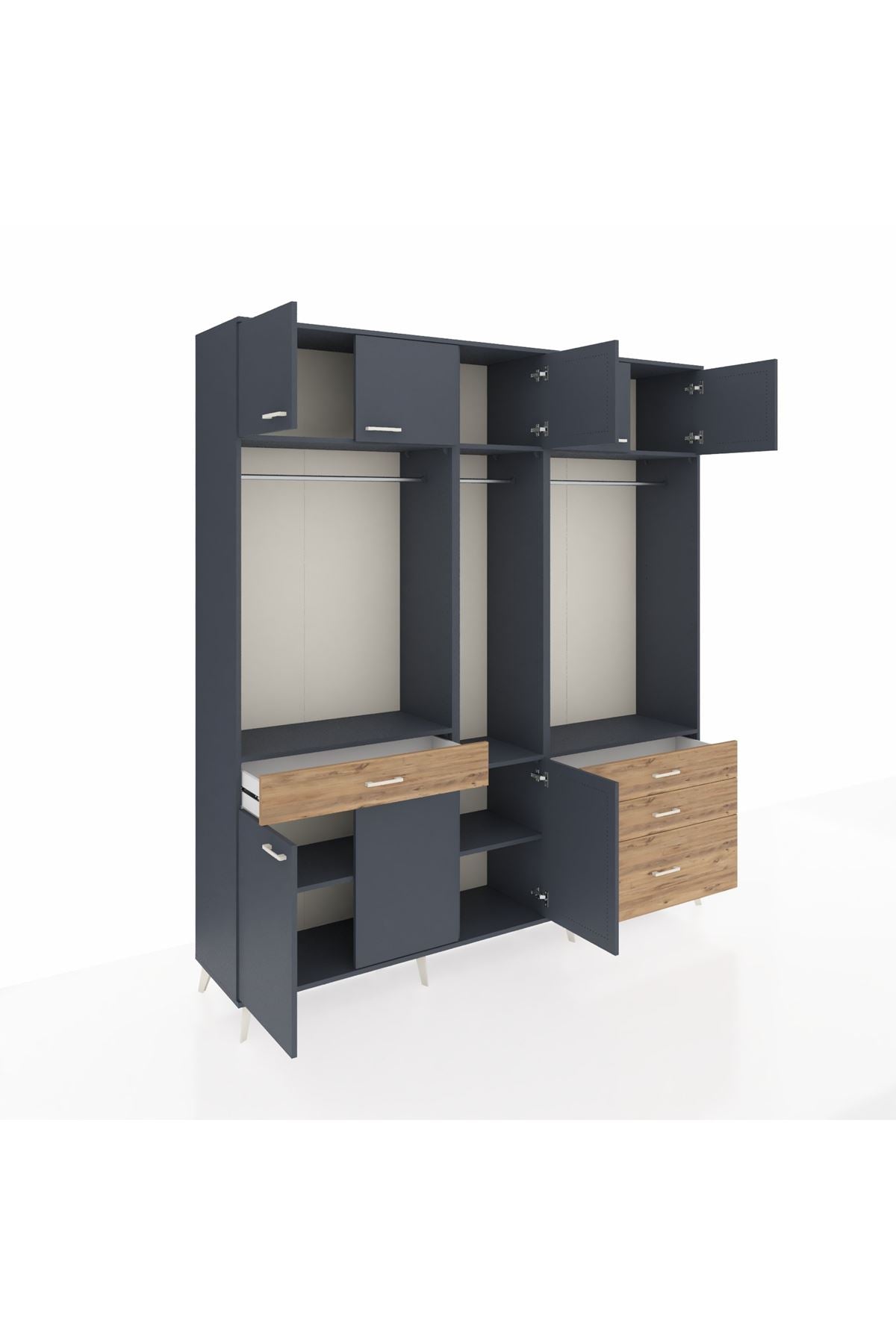 Hyperion Dolap 8 Raflı 4 Çekmeceli 3 Askılı 220x44x243 Antrasit-Antrasit/Çam