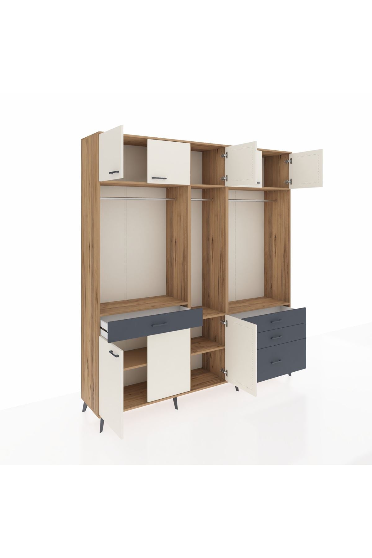 Hyperion Dolap 8 Raflı 4 Çekmeceli 3 Askılı 220x44x243 Çam-Aytaşı/Antrasit