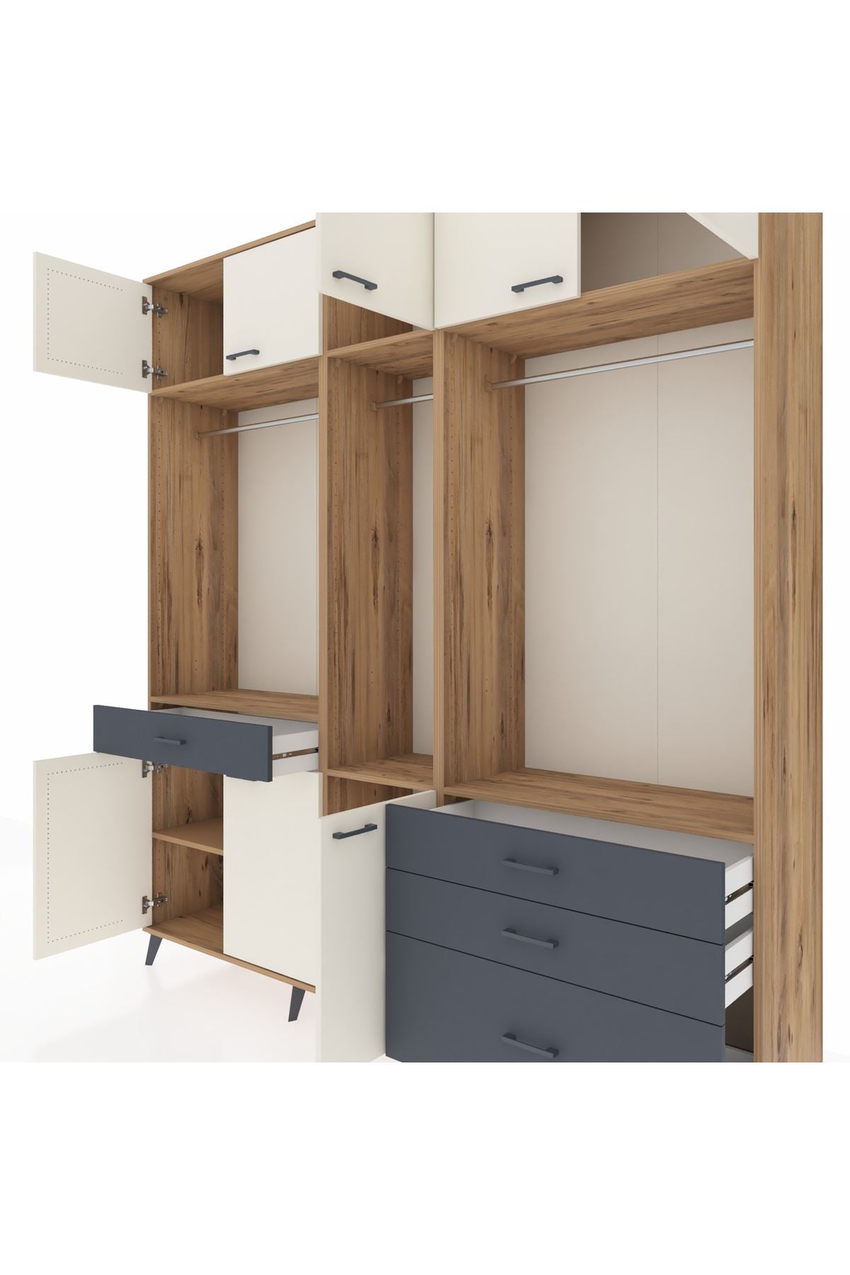 Hyperion Dolap 8 Raflı 4 Çekmeceli 3 Askılı 220x44x243 Çam-Aytaşı/Antrasit