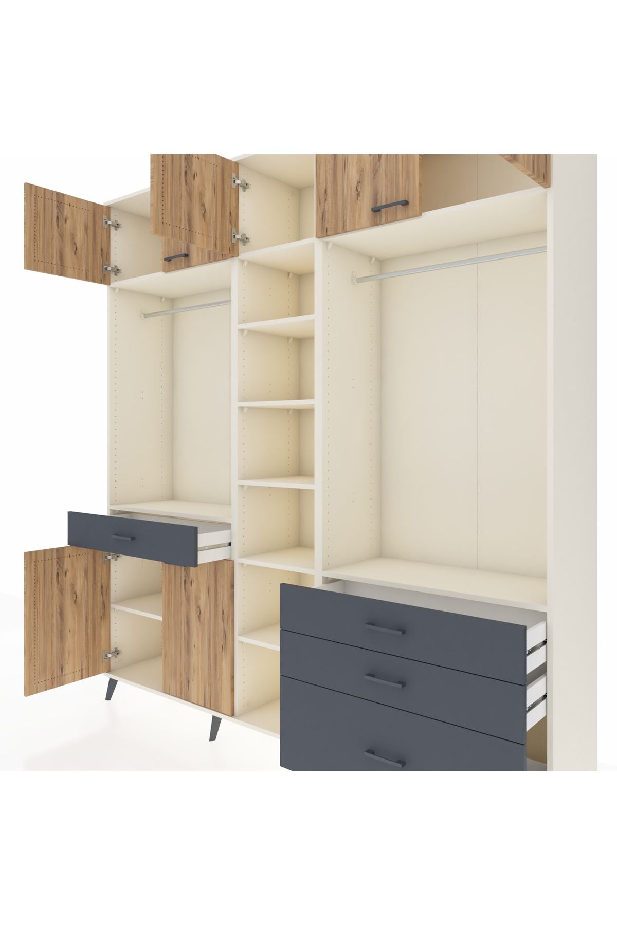 Hyperion Dolap 11 Raflı 4 Çekmeceli 2 Askılı 220x44x243 Aytaşı-Çam/Antrasit