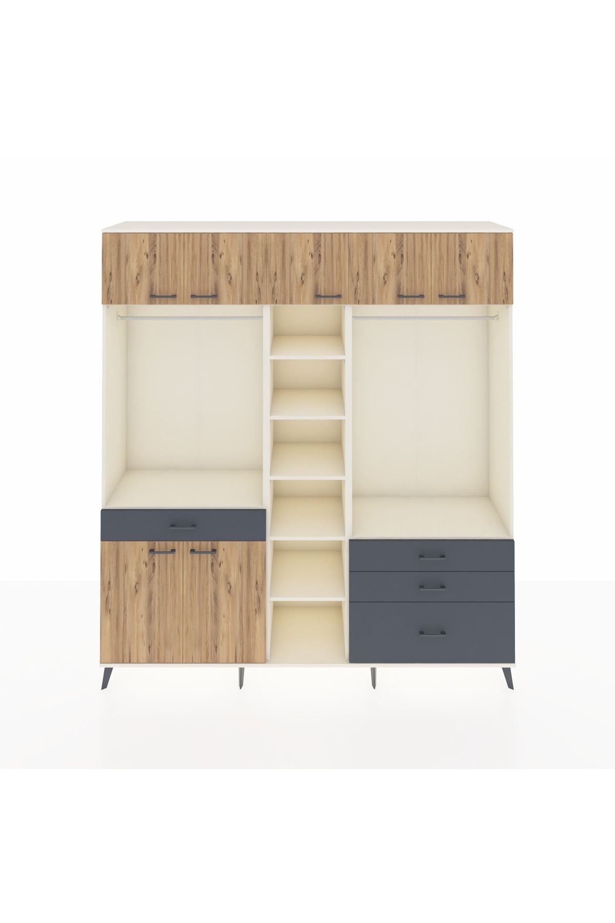 Hyperion Dolap 11 Raflı 4 Çekmeceli 2 Askılı 220x44x243 Aytaşı-Çam/Antrasit