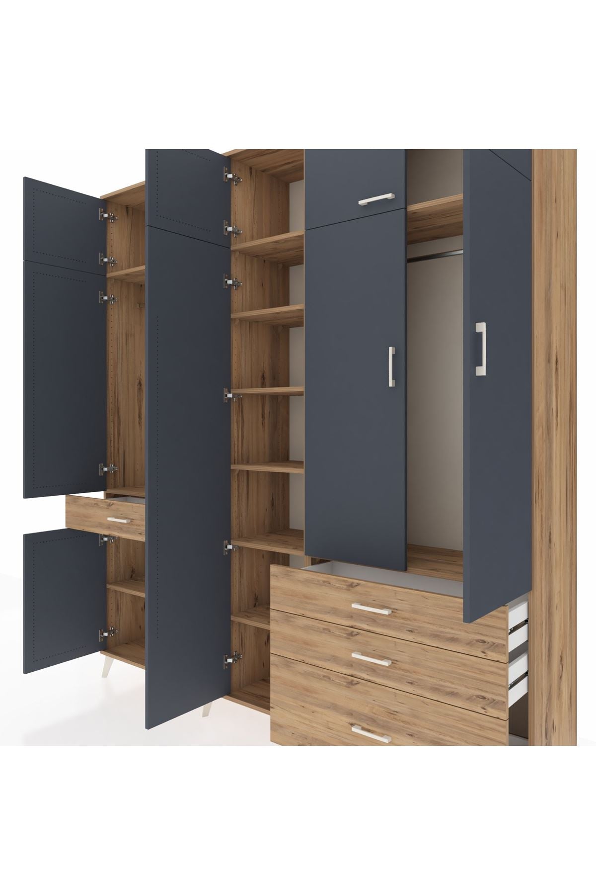 Hyperion Dolap 11 Raflı 4 Çekmeceli 2 Askılı 220x44x243 Çam-Antrasit/Çam