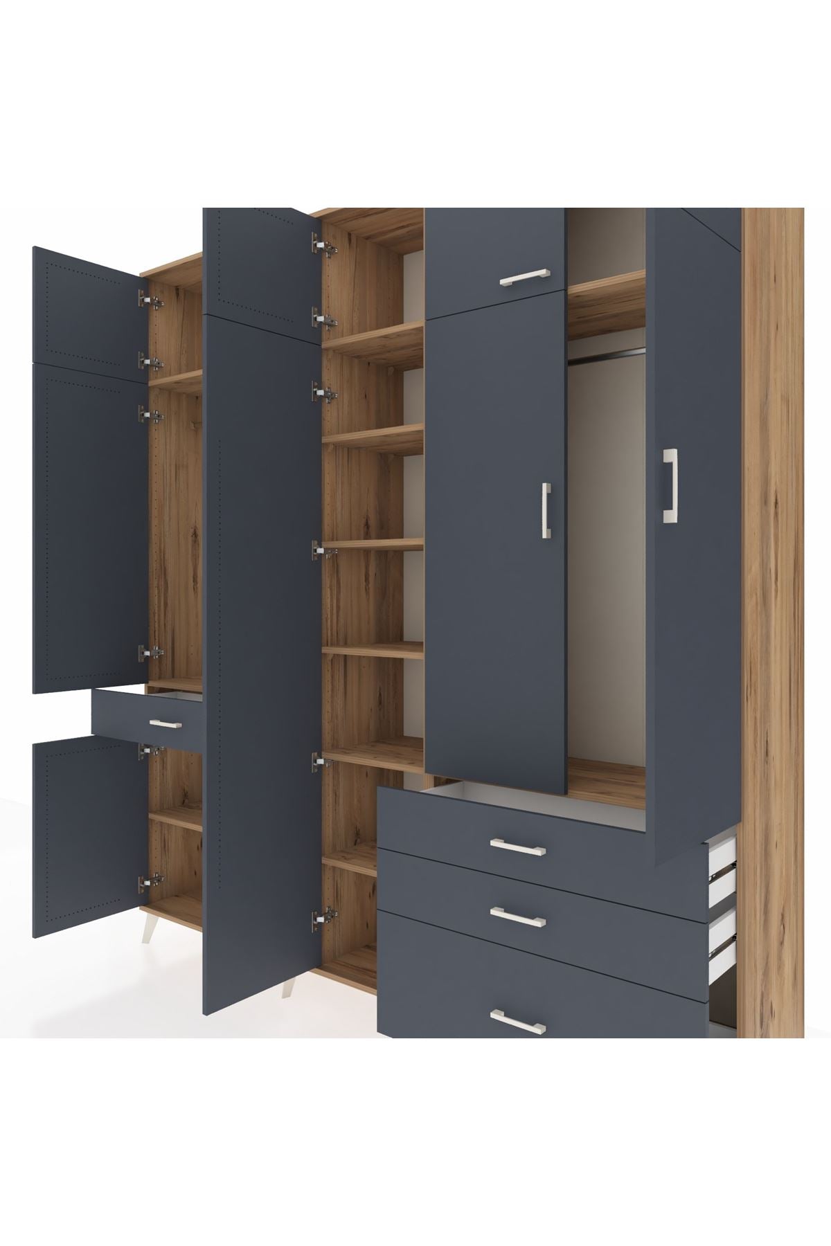 Hyperion Dolap 11 Raflı 4 Çekmeceli 2 Askılı 220x44x243 Çam-Antrasit/Antrasit