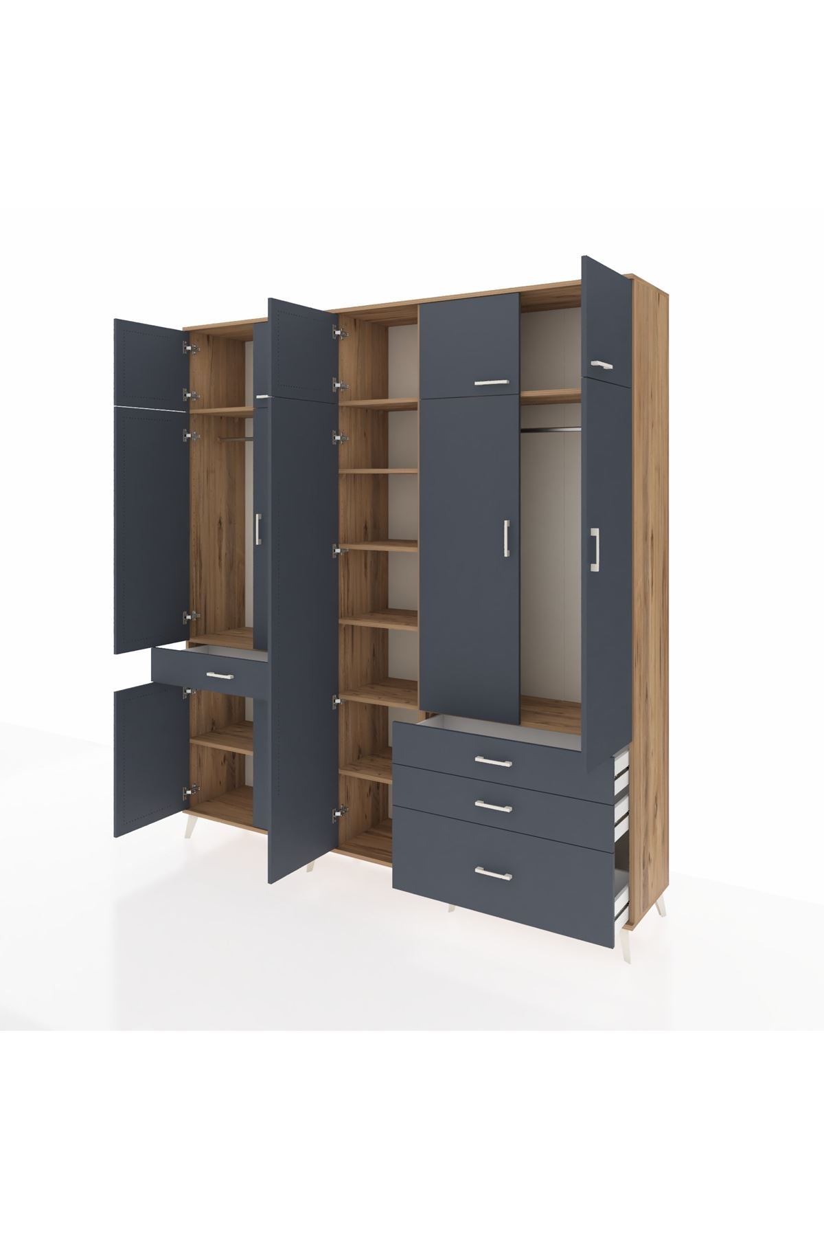 Hyperion Dolap 11 Raflı 4 Çekmeceli 2 Askılı 220x44x243 Çam-Antrasit/Antrasit