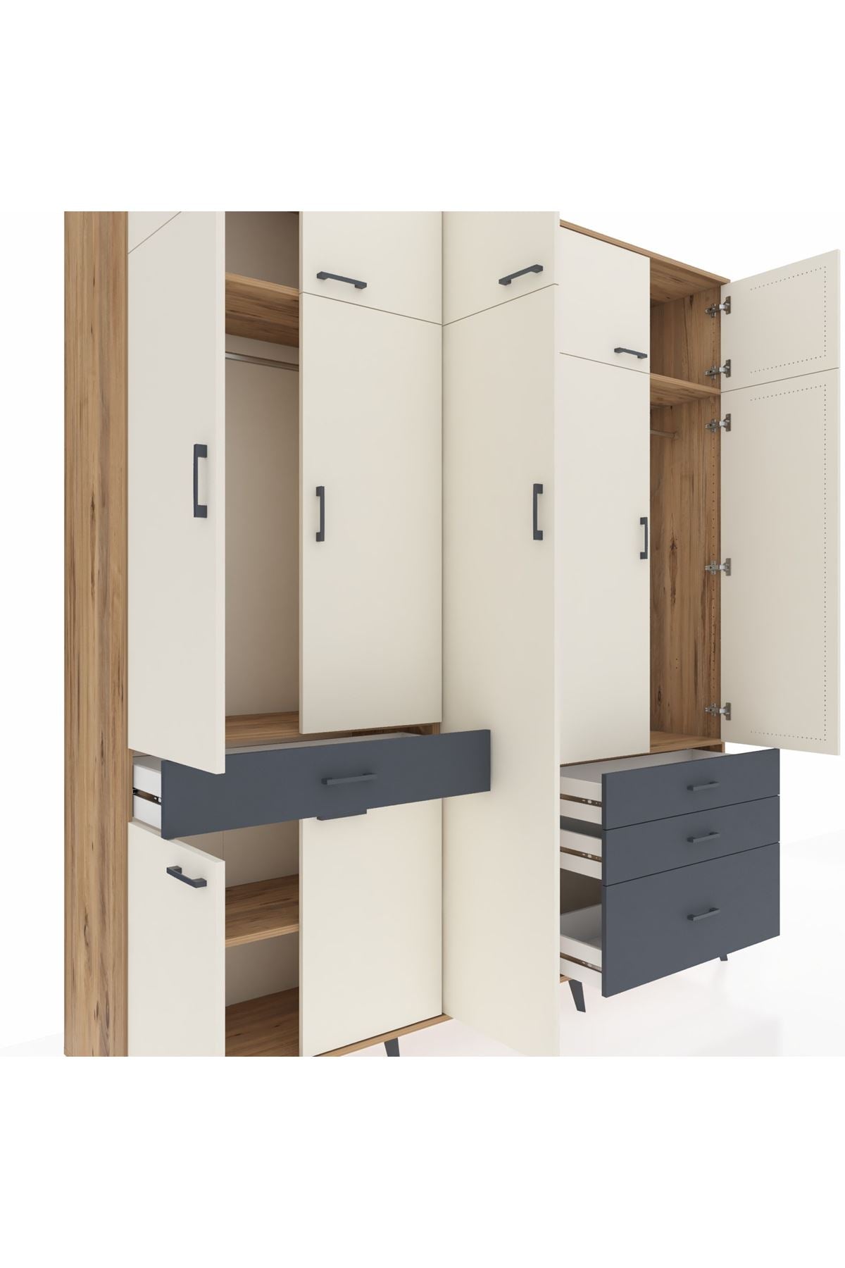 Hyperion Dolap 11 Raflı 4 Çekmeceli 2 Askılı 220x44x243 Çam-Aytaşı/Antrasit