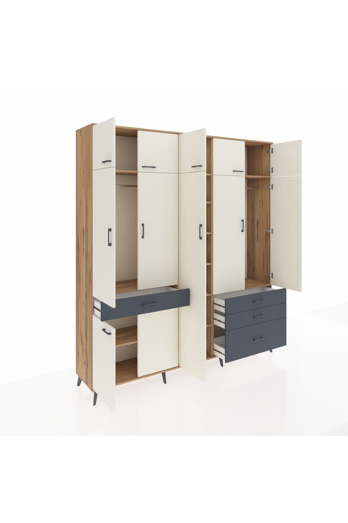 Hyperion Dolap 11 Raflı 4 Çekmeceli 2 Askılı 220x44x243 Çam-Aytaşı/Antrasit