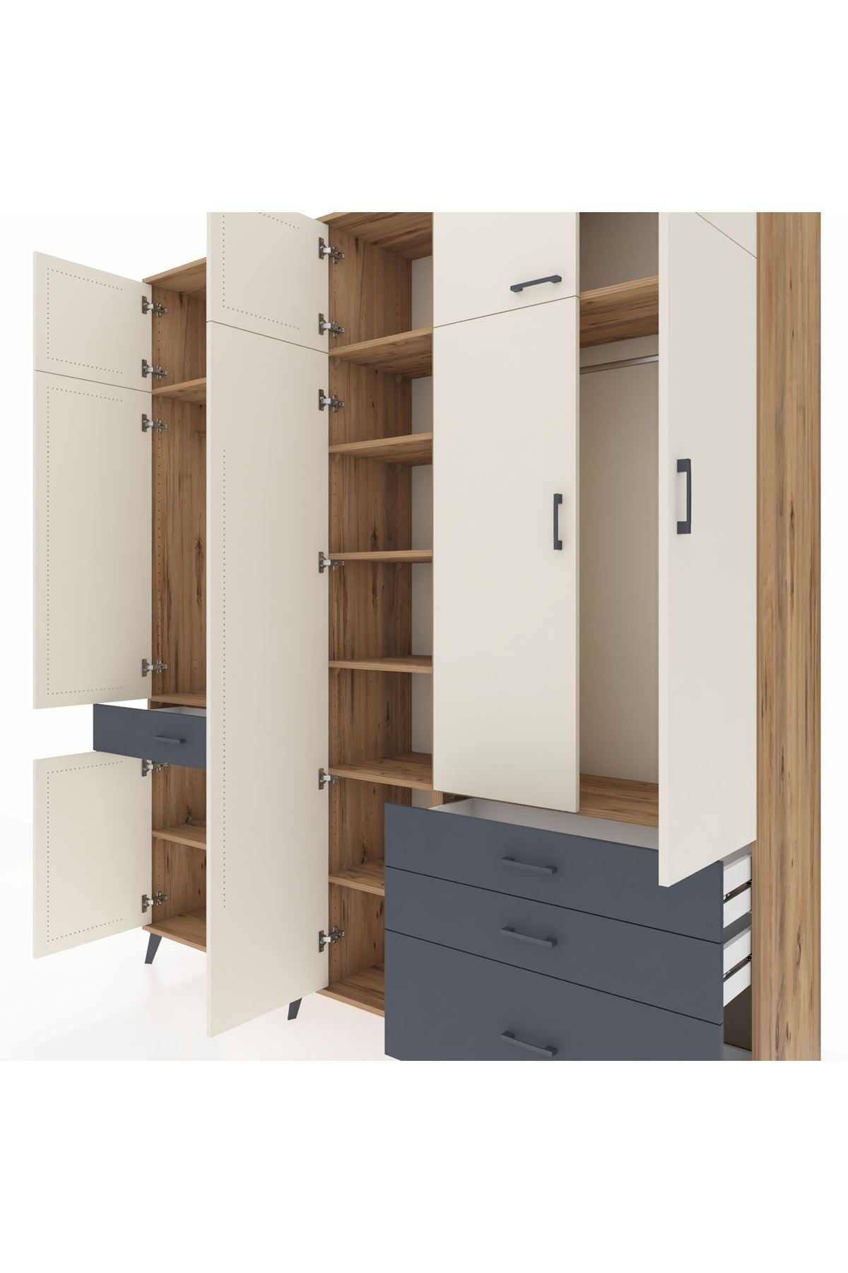 Hyperion Dolap 11 Raflı 4 Çekmeceli 2 Askılı 220x44x243 Çam-Aytaşı/Antrasit