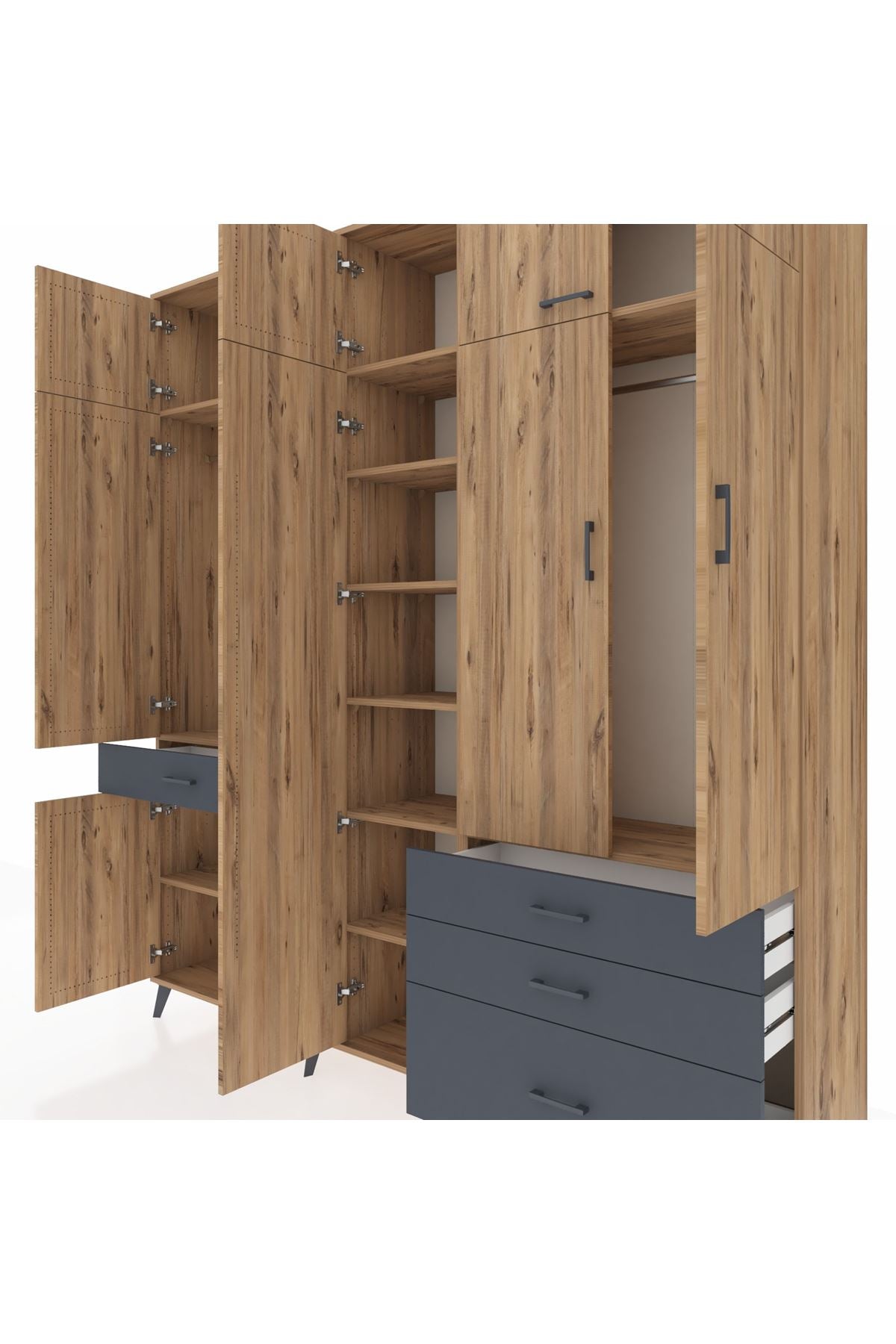 Hyperion Dolap 11 Raflı 4 Çekmeceli 2 Askılı 220x44x243 Çam-Çam/Antrasit