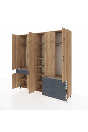 Hyperion Dolap 11 Raflı 4 Çekmeceli 2 Askılı 220x44x243 Çam-Çam/Antrasit