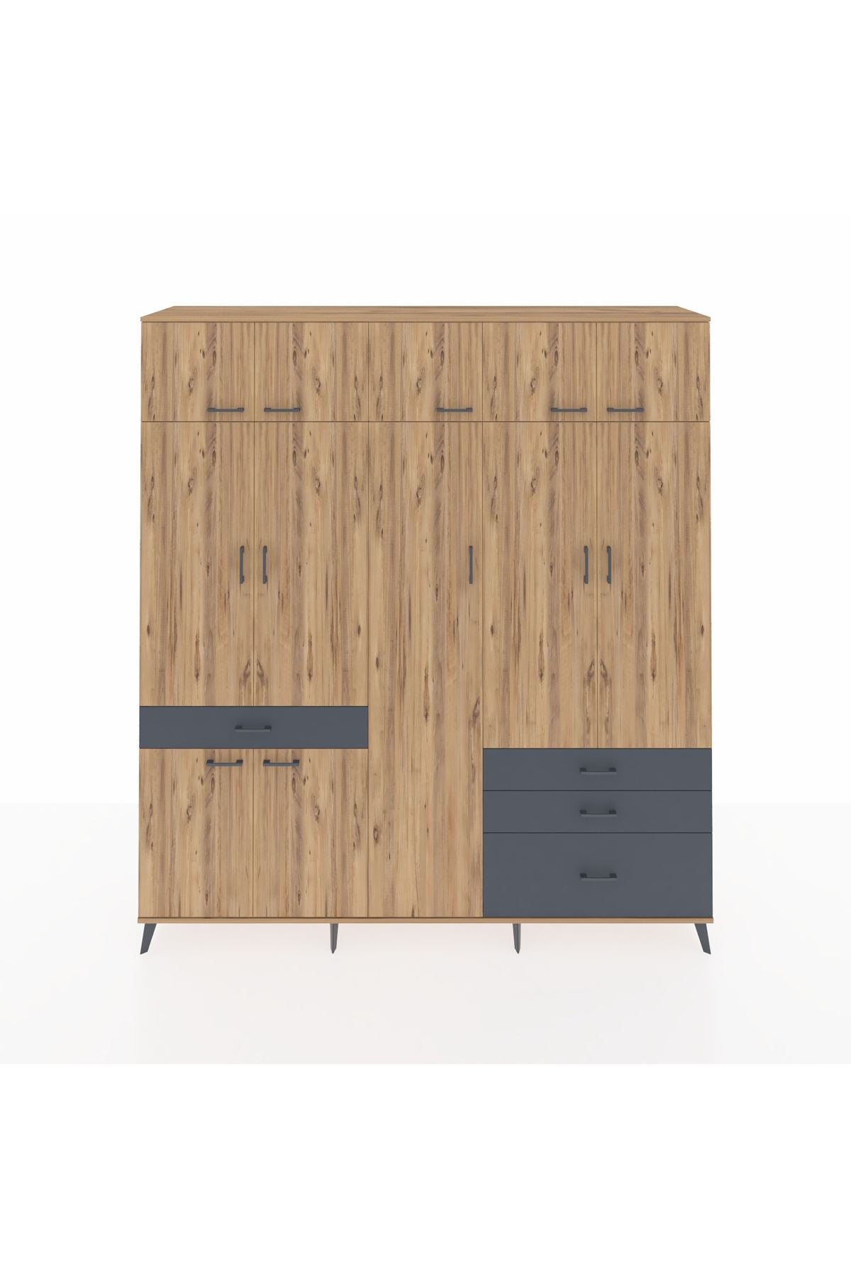 Hyperion Dolap 11 Raflı 4 Çekmeceli 2 Askılı 220x44x243 Çam-Çam/Antrasit