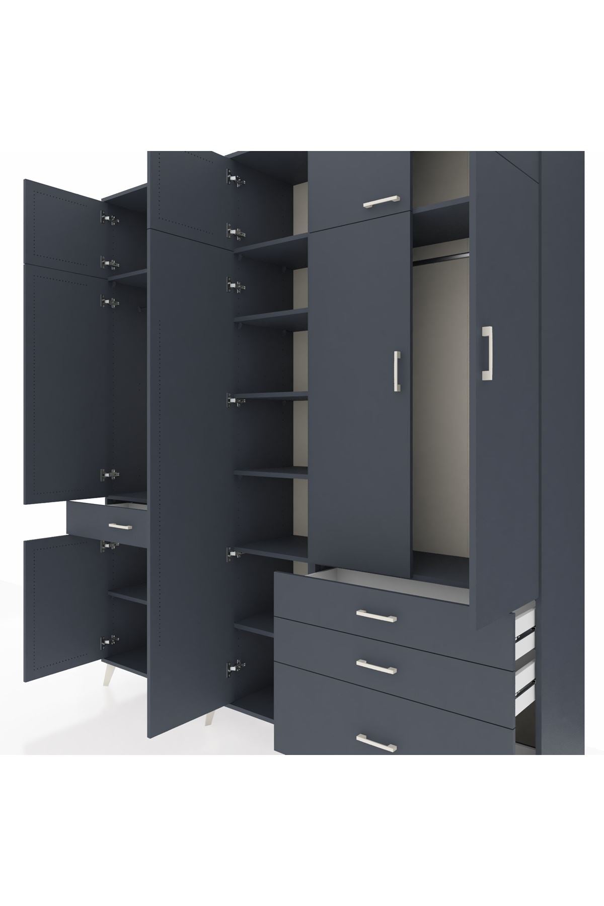 Hyperion Dolap 11 Raflı 4 Çekmeceli 2 Askılı 220x44x243 Antrasit-Antrasit/Antrasit