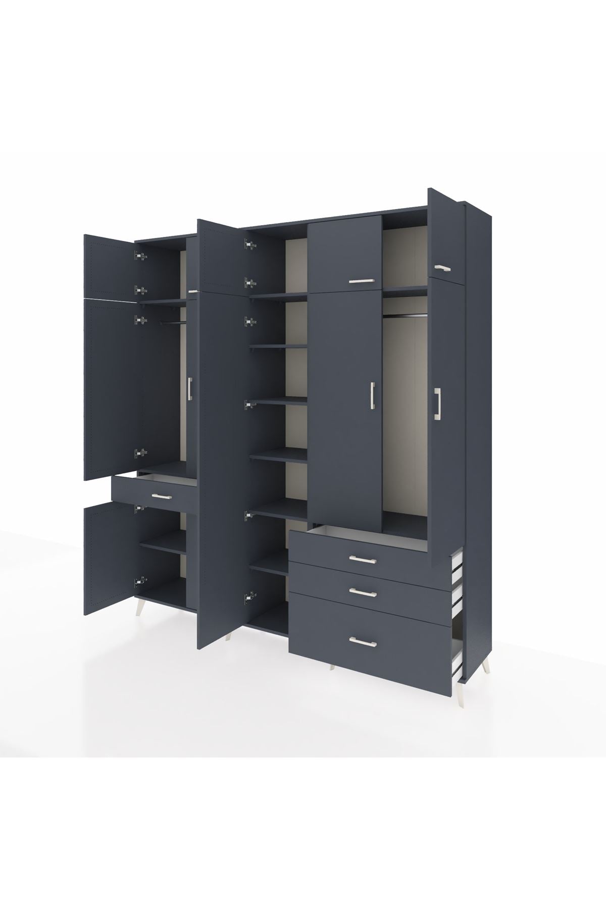 Hyperion Dolap 11 Raflı 4 Çekmeceli 2 Askılı 220x44x243 Antrasit-Antrasit/Antrasit