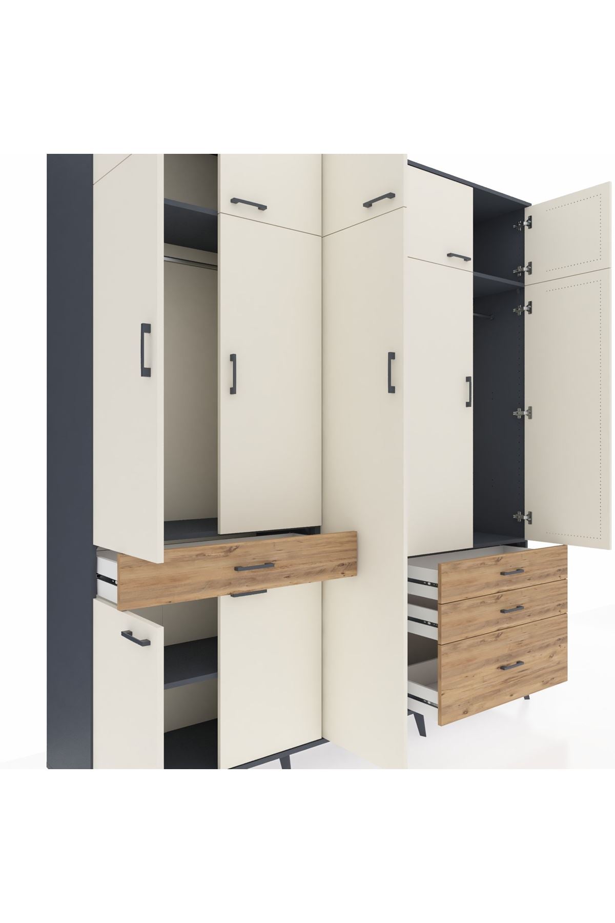 Hyperion Dolap 11 Raflı 4 Çekmeceli 2 Askılı 220x44x243 Antrasit-Aytaşı/Çam