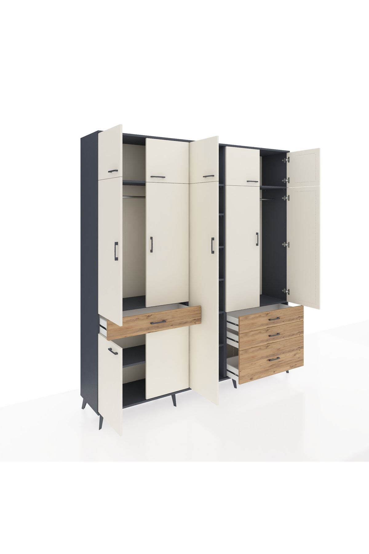 Hyperion Dolap 11 Raflı 4 Çekmeceli 2 Askılı 220x44x243 Antrasit-Aytaşı/Çam