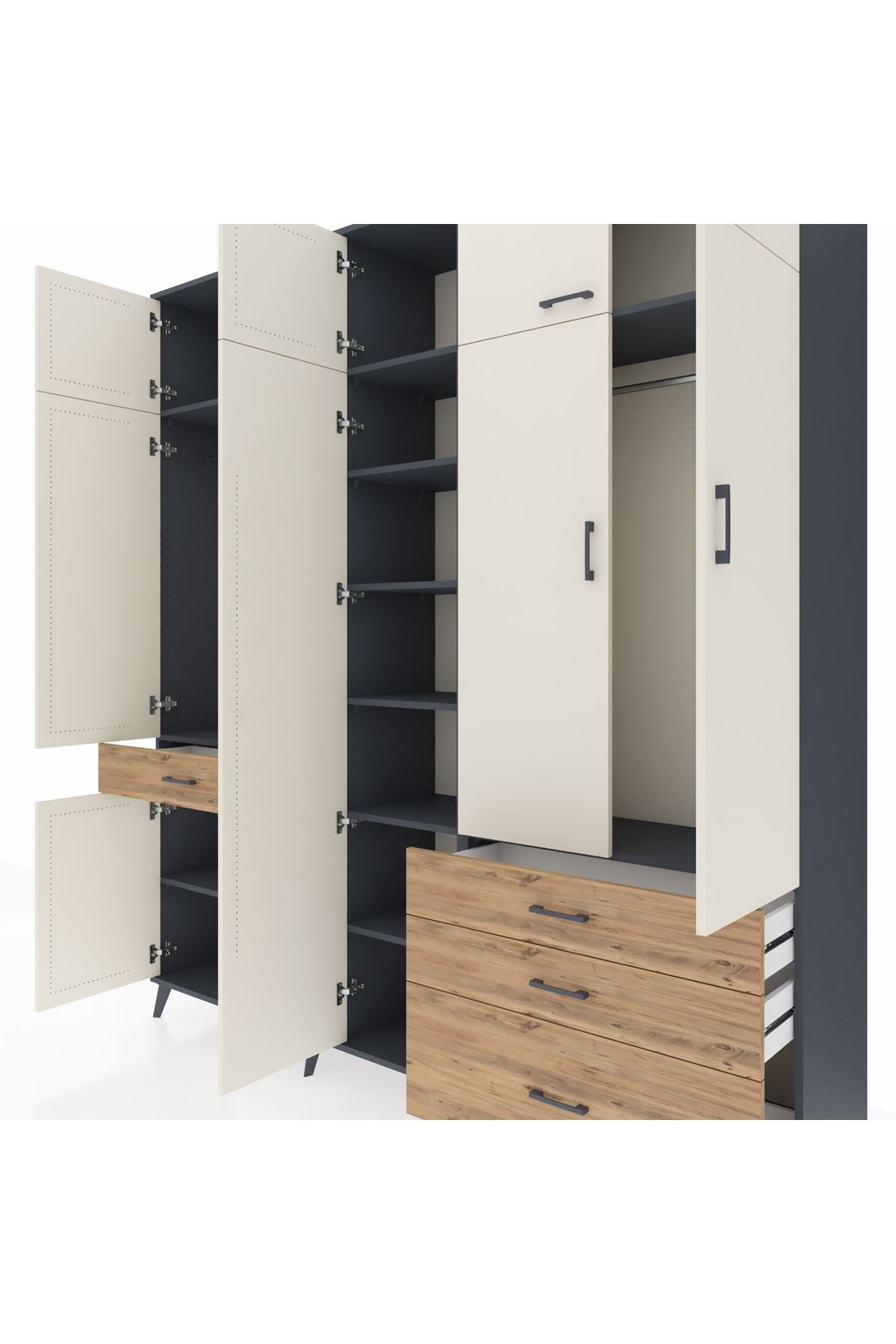 Hyperion Dolap 11 Raflı 4 Çekmeceli 2 Askılı 220x44x243 Antrasit-Aytaşı/Çam