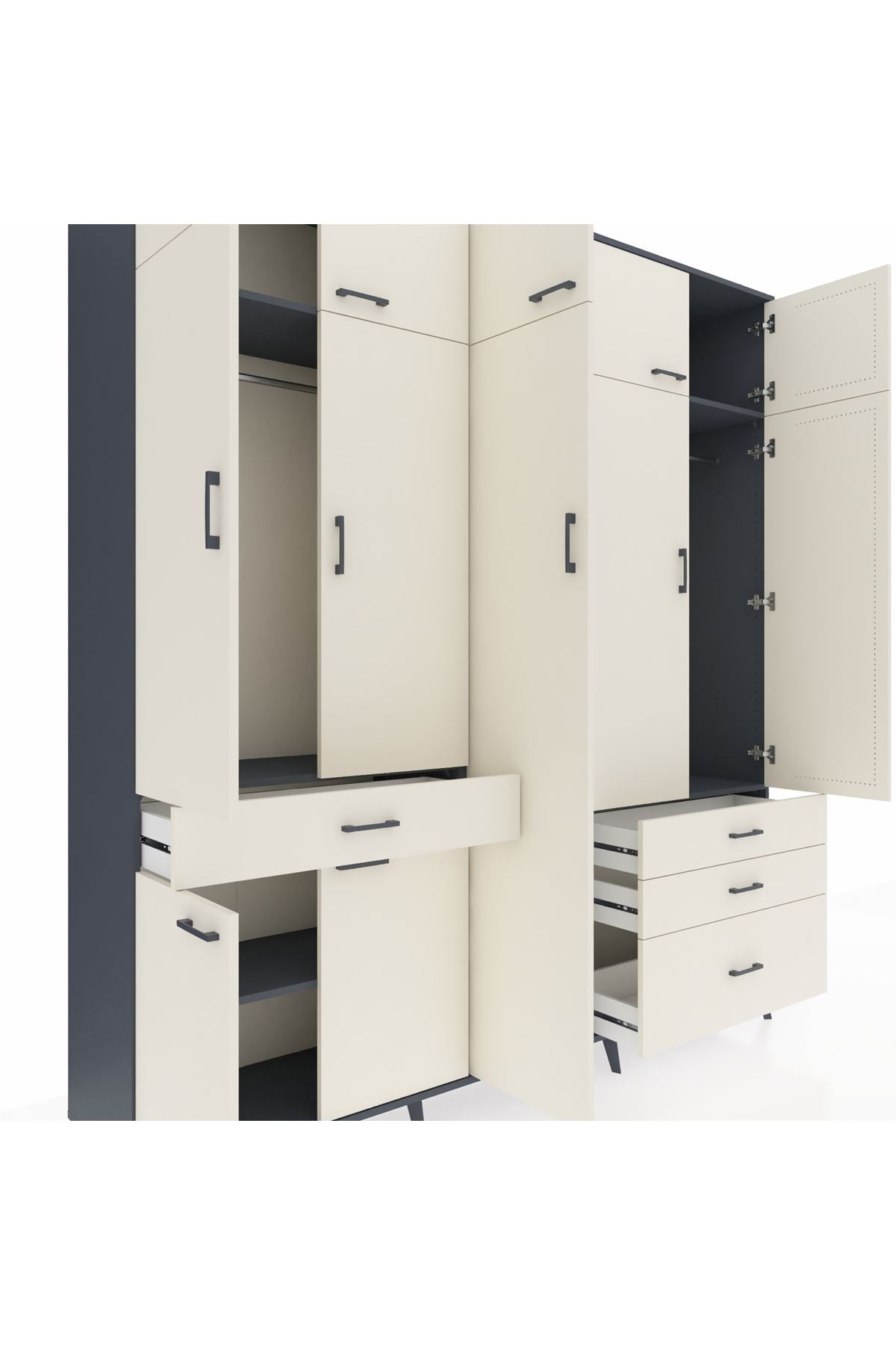 Hyperion Dolap 11 Raflı 4 Çekmeceli 2 Askılı 220x44x243 Antrasit-Aytaşı/Aytaşı