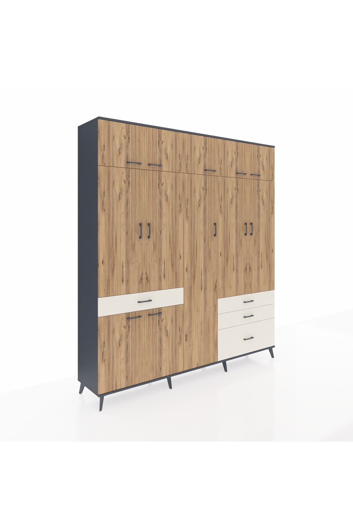 Hyperion Dolap 11 Raflı 4 Çekmeceli 2 Askılı 220x44x243 Antrasit-Çam/Aytaşı