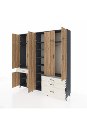 Hyperion Dolap 11 Raflı 4 Çekmeceli 2 Askılı 220x44x243 Antrasit-Çam/Aytaşı