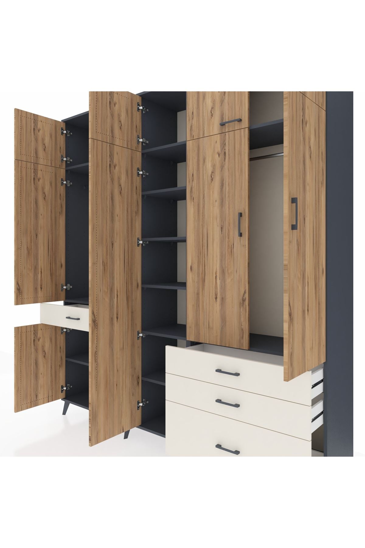 Hyperion Dolap 11 Raflı 4 Çekmeceli 2 Askılı 220x44x243 Antrasit-Çam/Aytaşı