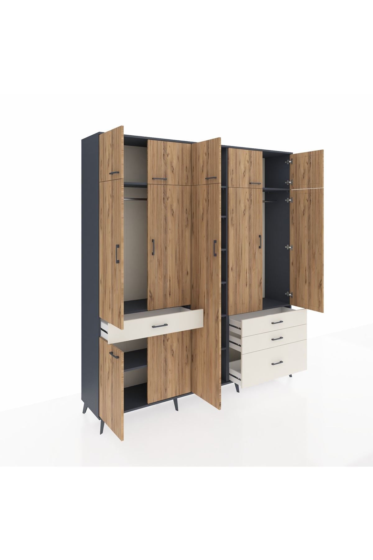 Hyperion Dolap 11 Raflı 4 Çekmeceli 2 Askılı 220x44x243 Antrasit-Çam/Aytaşı