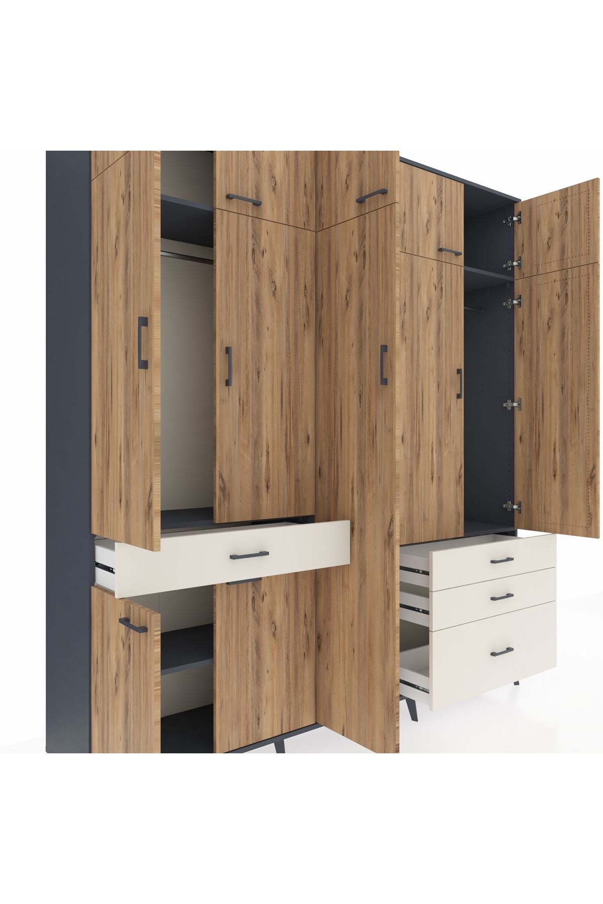 Hyperion Dolap 11 Raflı 4 Çekmeceli 2 Askılı 220x44x243 Antrasit-Çam/Aytaşı