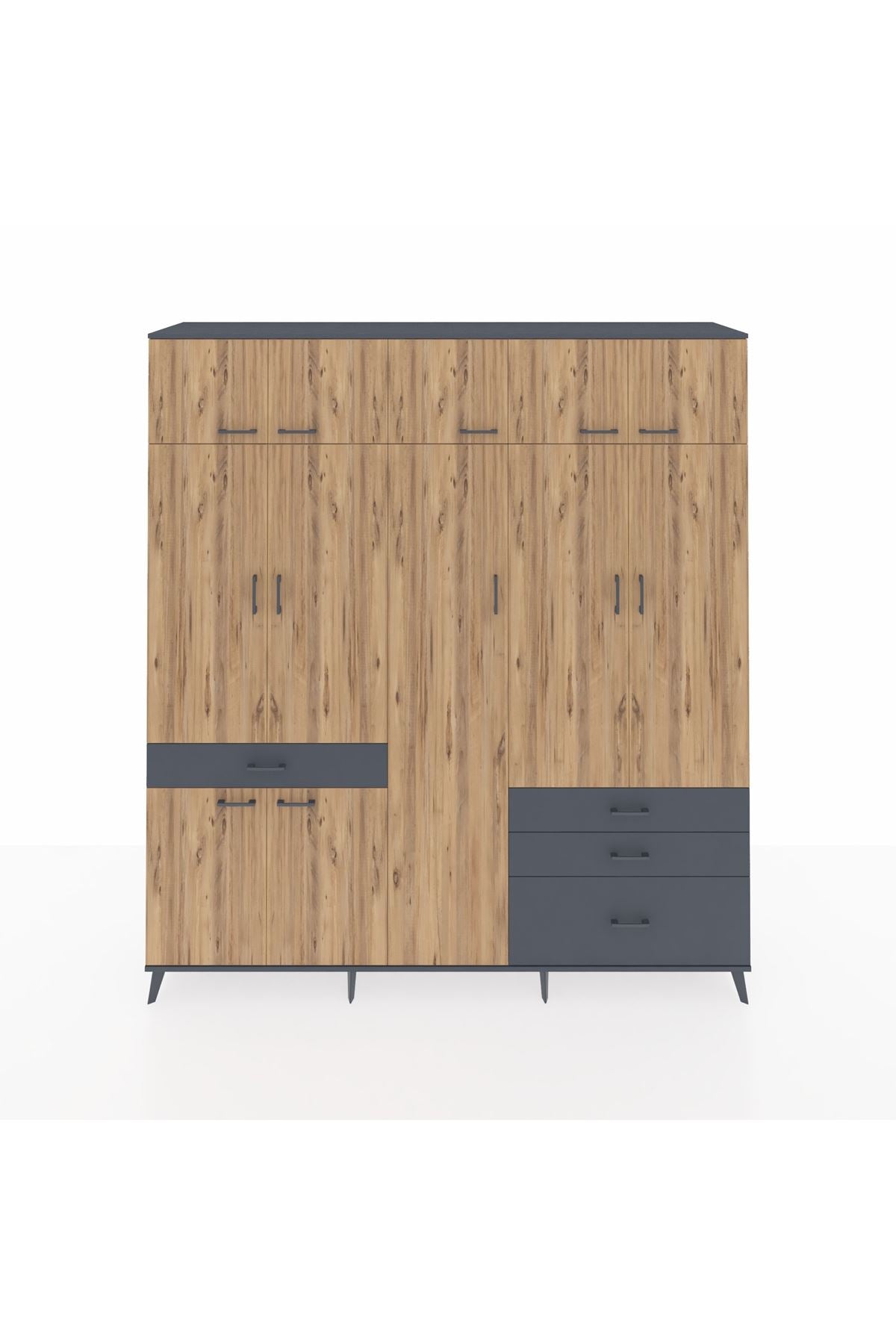 Hyperion Dolap 11 Raflı 4 Çekmeceli 2 Askılı 220x44x243 Antrasit-Çam/Antrasit