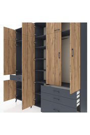 Hyperion Dolap 11 Raflı 4 Çekmeceli 2 Askılı 220x44x243 Antrasit-Çam/Antrasit