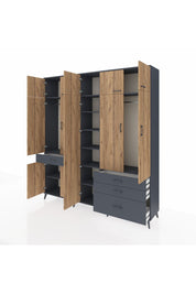 Hyperion Dolap 11 Raflı 4 Çekmeceli 2 Askılı 220x44x243 Antrasit-Çam/Antrasit